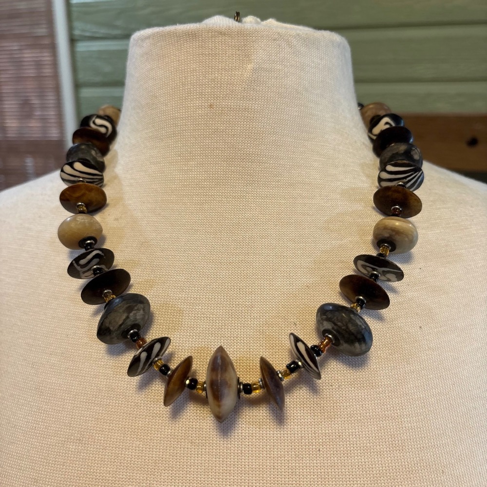 Vintage Chunky Beaded Statement Necklace Brown Black White Tribal Boho